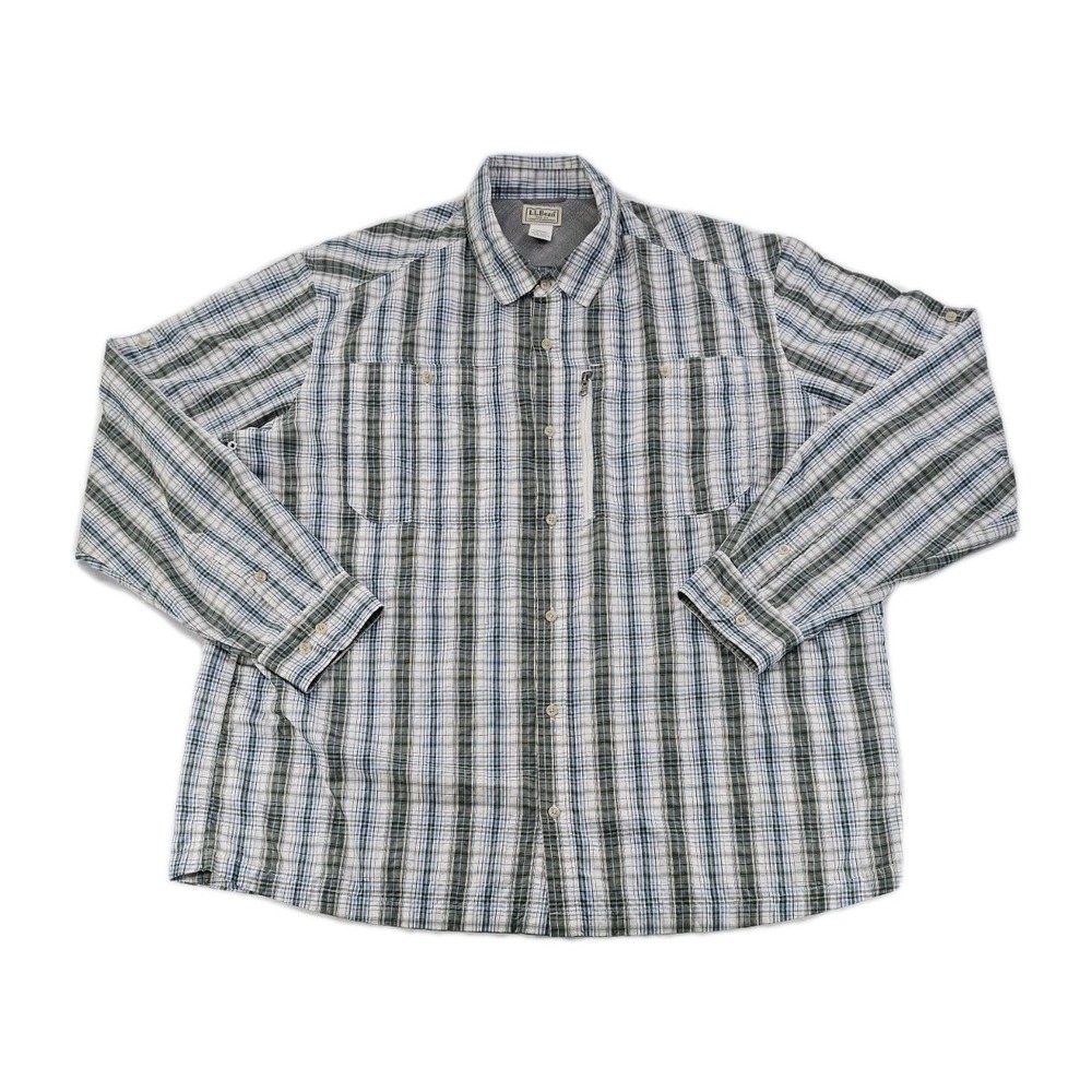 LL BEAN Men Plaid Shirt XXLT Green Blu Vents Seersucker Mesh Roll Tab Zip Pocket